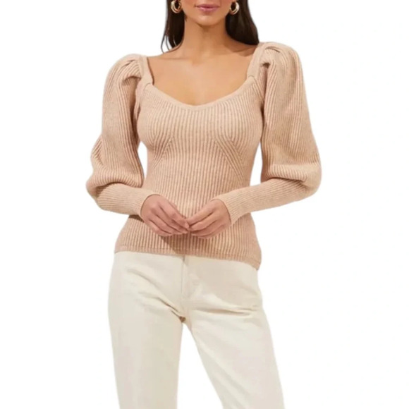 Astr Sweaters - ASTR THE LABEL Women’s Beige Long Puff Sleeve Sweater